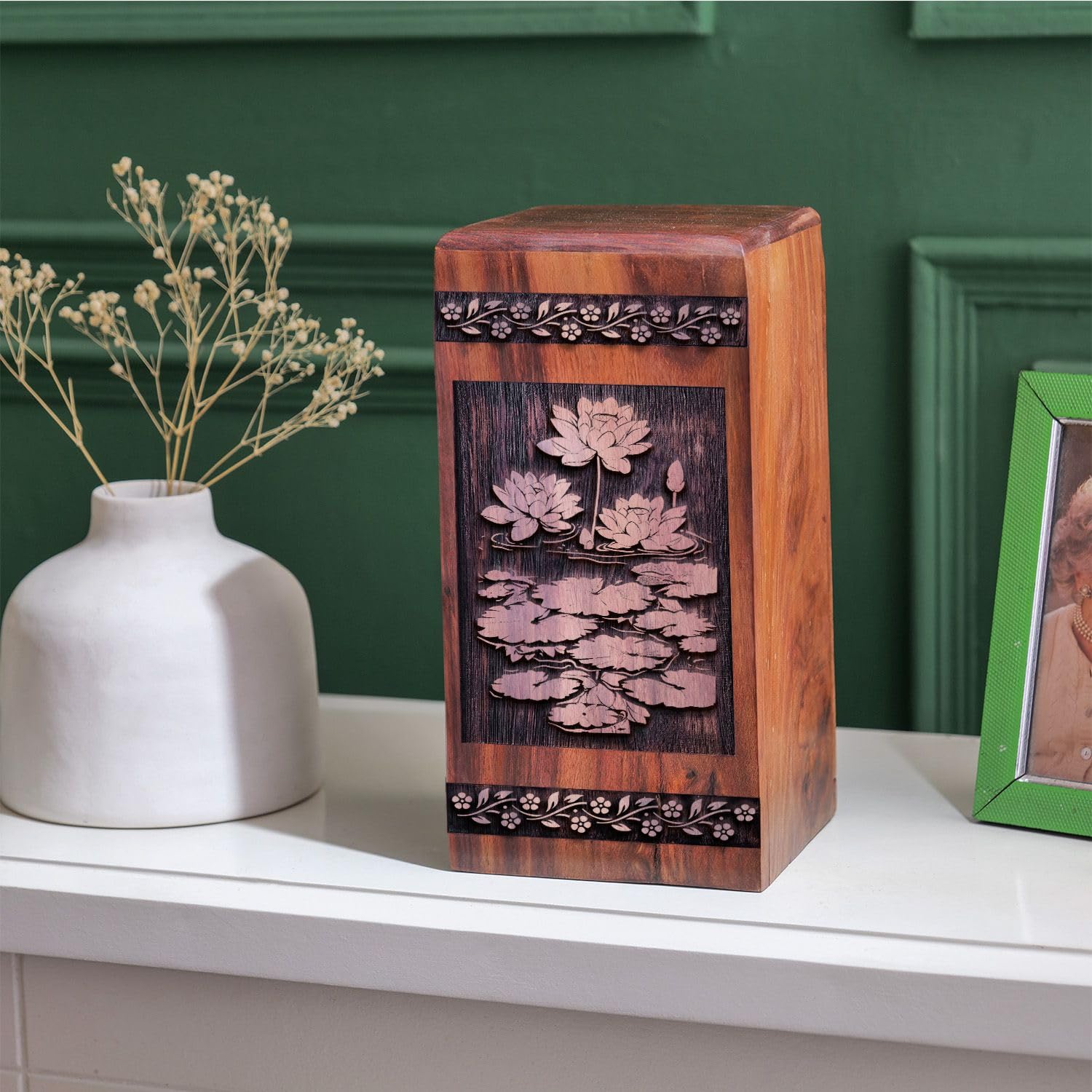 SUBSH Flower Urn for Human Ashes, 11.25 Inch Urn, Wooden Urn Box, Memorial Ash Urns, Decorative Urn, Large Urns for Human Ashes, Adult Female, Cremation Urns for Human Ashes, Pack of 1, - Image 7