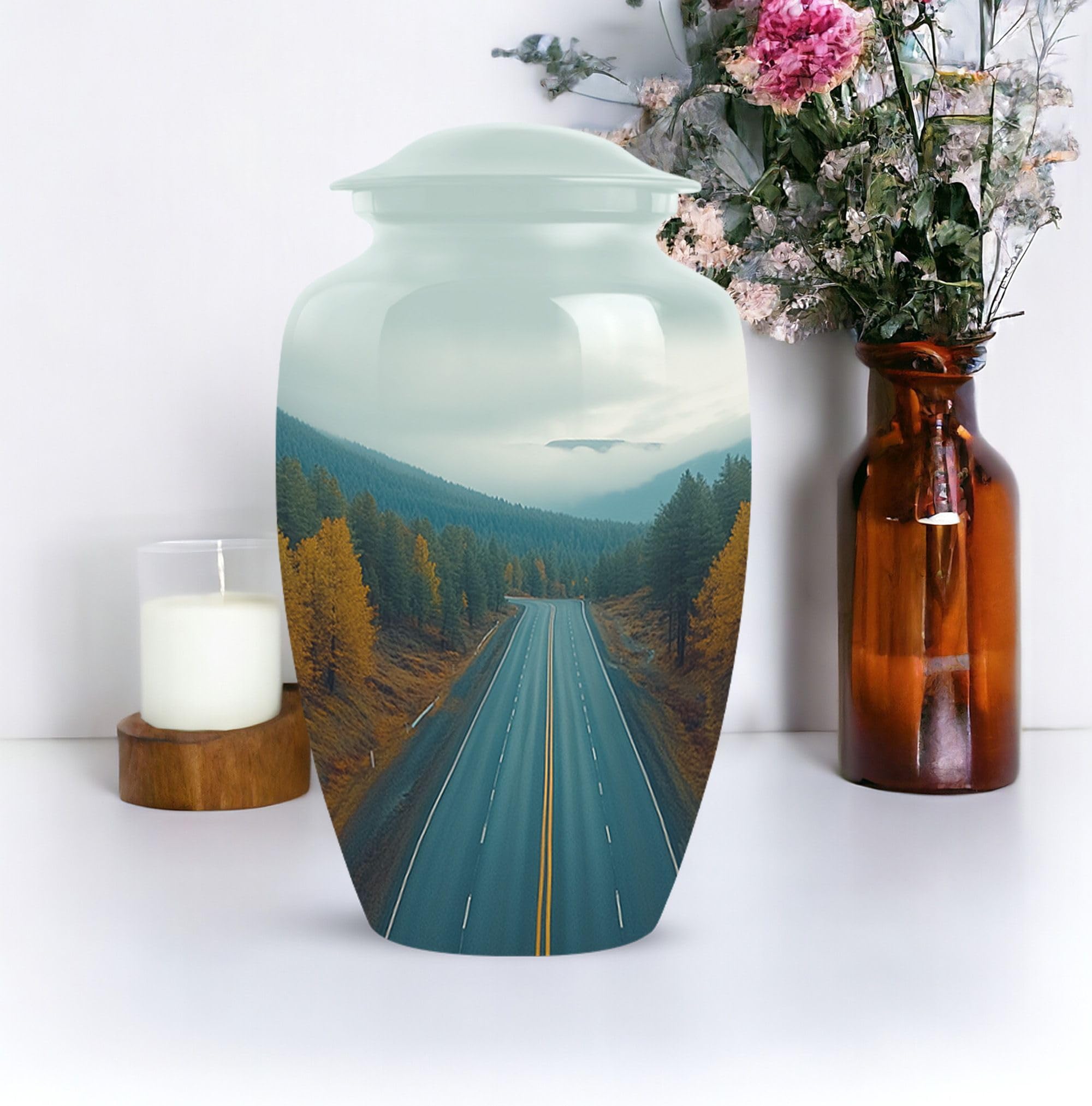 SUBSH Forest with Road Urn, 10 Inch Urn, Urn for Ashes Adult Female, Large Urn, Cremation Urn, Memorial Urn, Urn for Dad Ashes, Funeral Urn, Urn for Human Ashes, Urn for Women, Grey Urn - Image 4