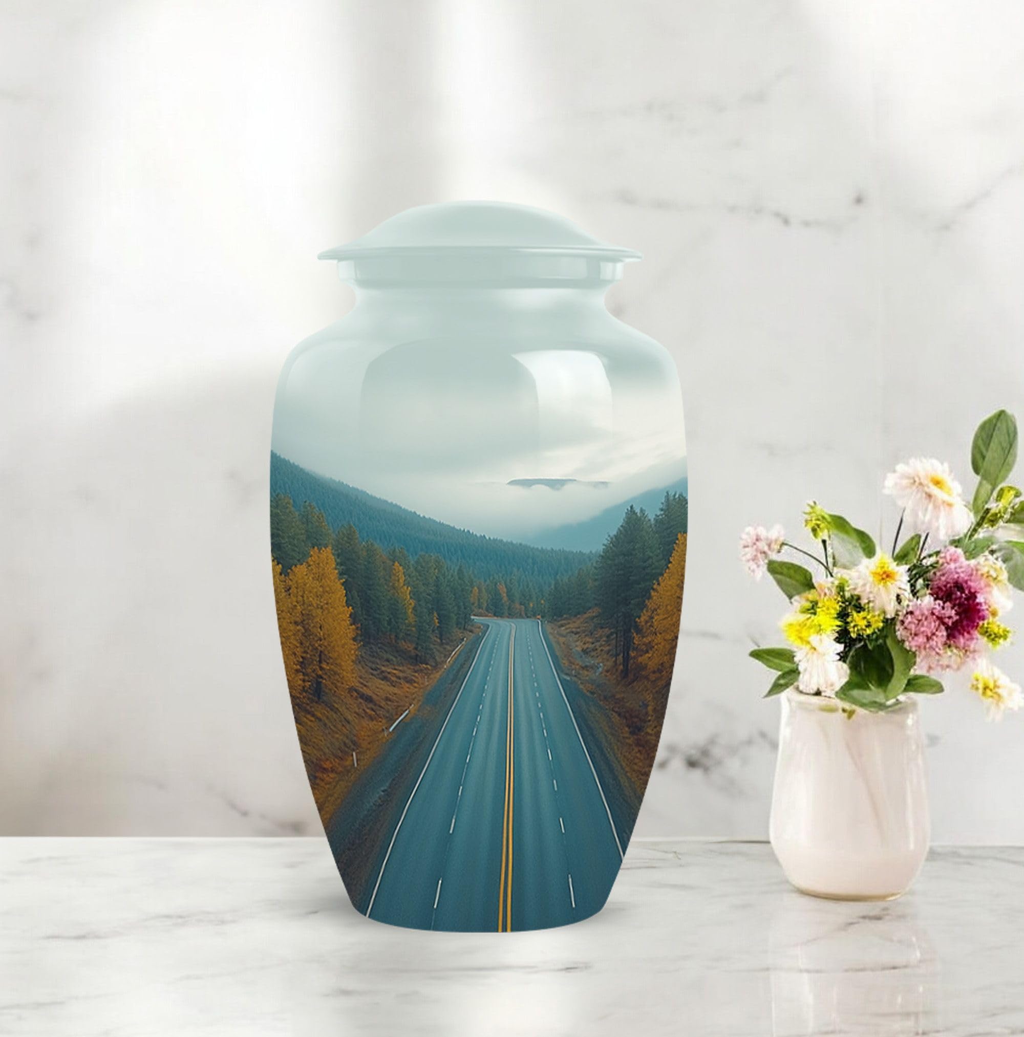 SUBSH Forest with Road Urn, 10 Inch Urn, Urn for Ashes Adult Female, Large Urn, Cremation Urn, Memorial Urn, Urn for Dad Ashes, Funeral Urn, Urn for Human Ashes, Urn for Women, Grey Urn - Image 6