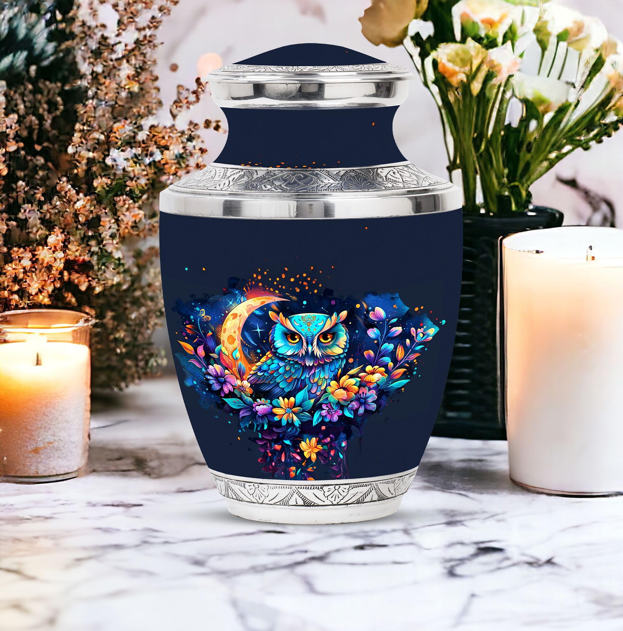 SUBSH Owl in Flowers Urn, 10 Inch Urn, Large Urn for Human Ashes, Memorial Urn for Adults, Elegant Urn, Cremation Urn, Funeral Urn for Ashes, Human Ashes Urn, Owl Urn for Human Ashes - Image 4