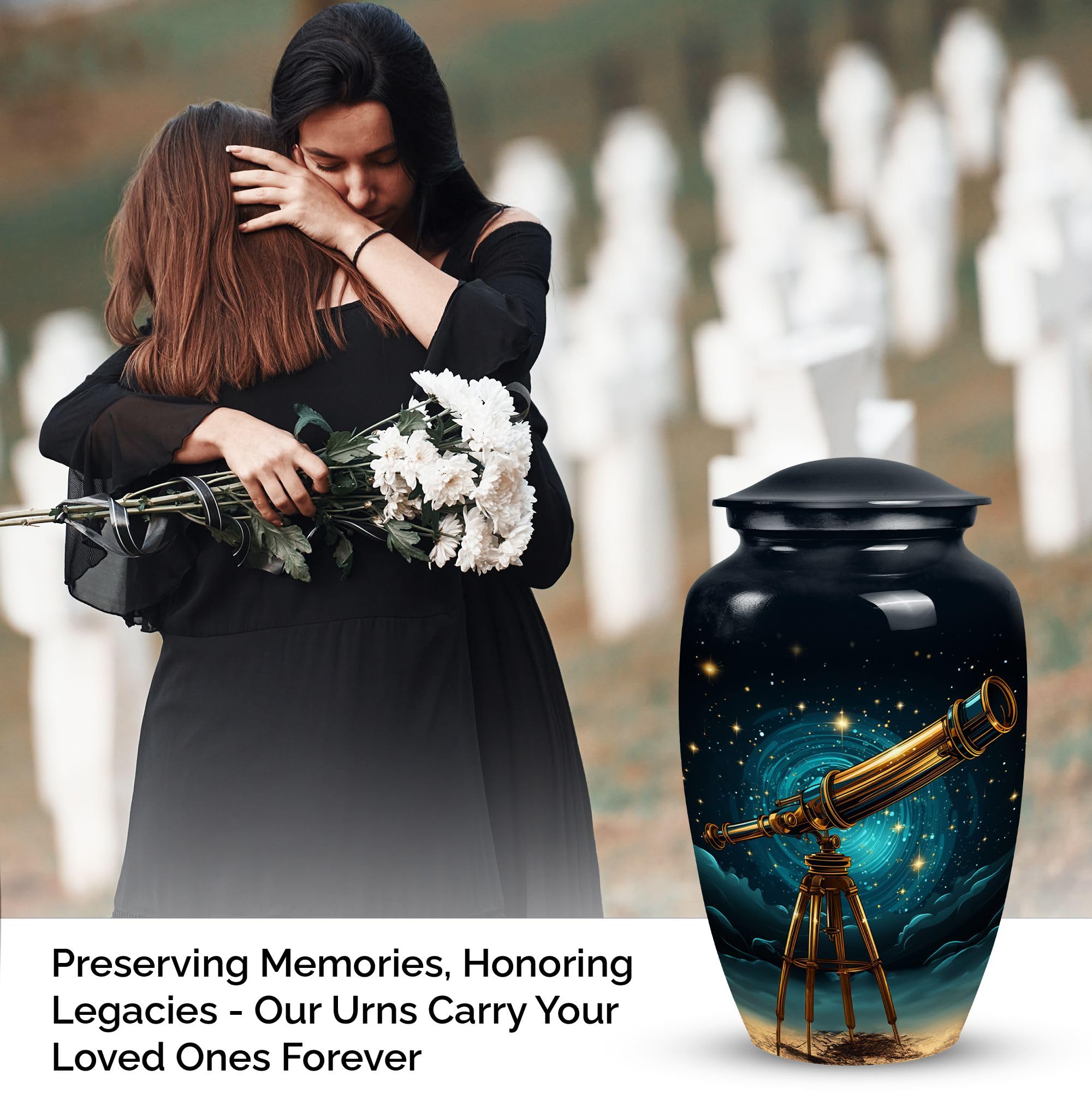 SUBSH Telescope Design Funeral Urn, 10 Inch Large Memorial Urn for Dad, Cremation Urn for Adult Female, Funeral Urn for Men, Urn for Women Ashes, Black Urn, Elegent Urn Ashes, Ash Holder - Image 3